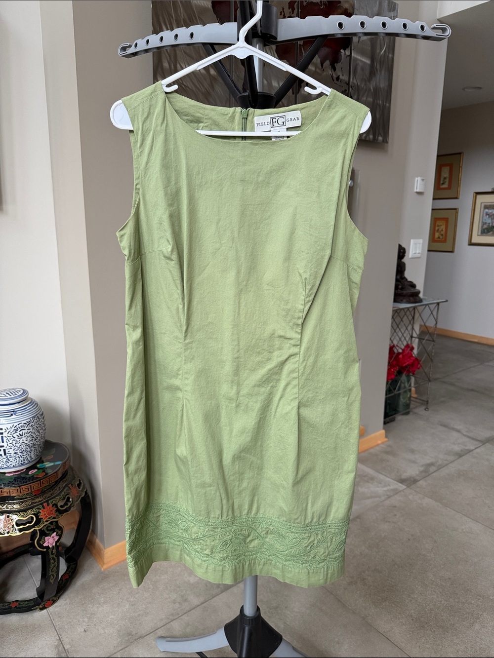 Sleeveless Lime Green Sheath Dress with Embroidered Hem size M